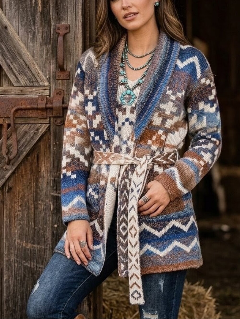 IDYLLWIND Miranda Lambert Southwestern Belted Knit Cardigan Sweater M
